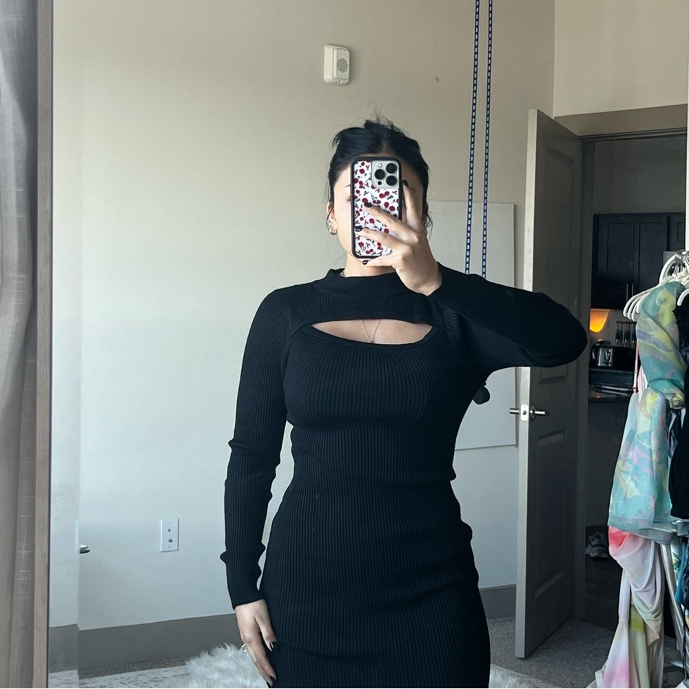 Black Turtle neck cut out knit body con dress